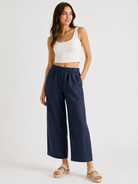 Quince Pants - Quince 100% European Linen Wide Leg Pants Deep Navy Pull On Large